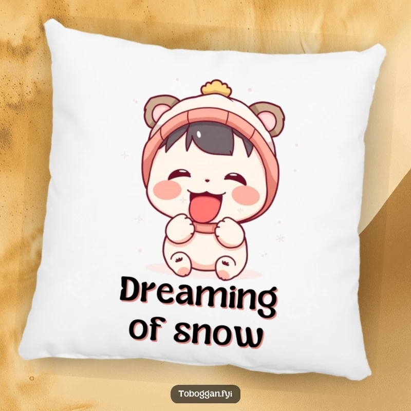 Funny pillow featuring a character happily catching snowflakes on its tongue, adding a touch of wintery fun.