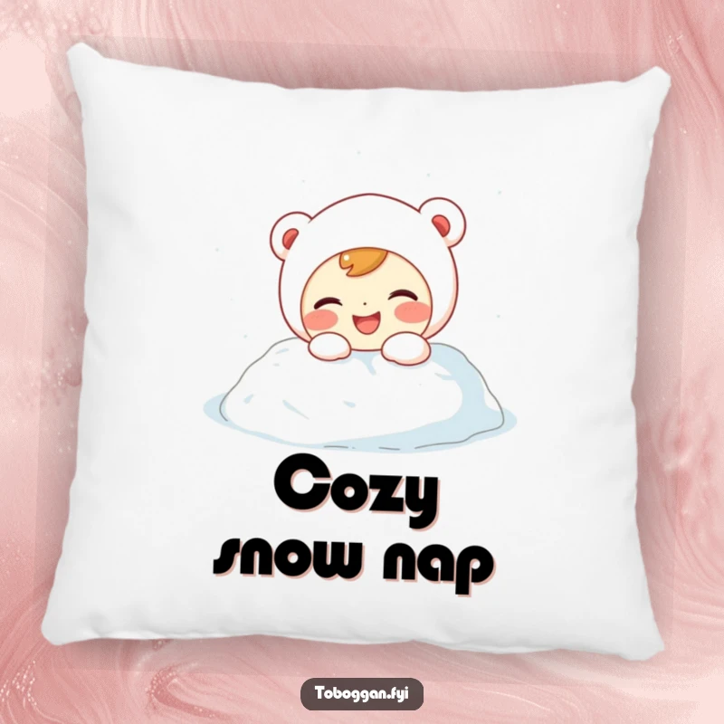 Funny Pillow: A giggling character with rosy cheeks enjoys a playful tumble into a soft snowdrift, bringing warmth and humor.