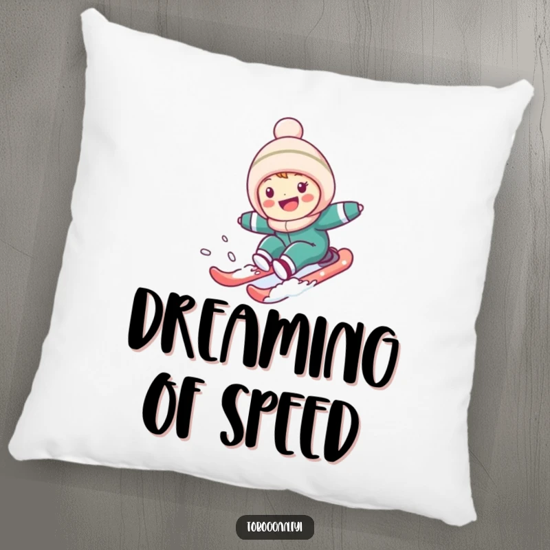 Funny Pillow: Cute character enjoying a fast sled ride down a snowy hill, bringing cozy humor and winter vibes to any room.