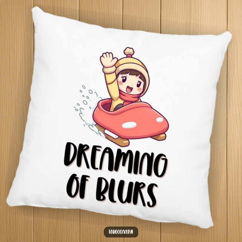 Funny Pillow: Character comfortably seated on a toboggan, waving, bringing a cozy and humorous touch to your sofa.