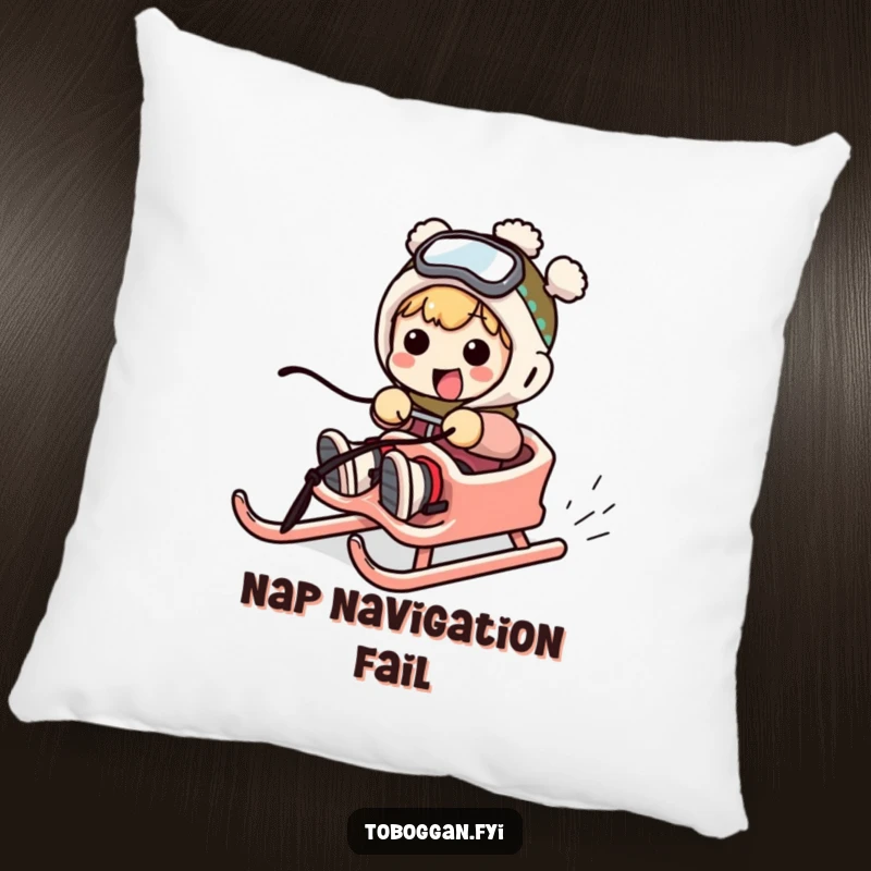 Funny pillow featuring a character comically failing to steer a sled, perfect for cozying up with humor.