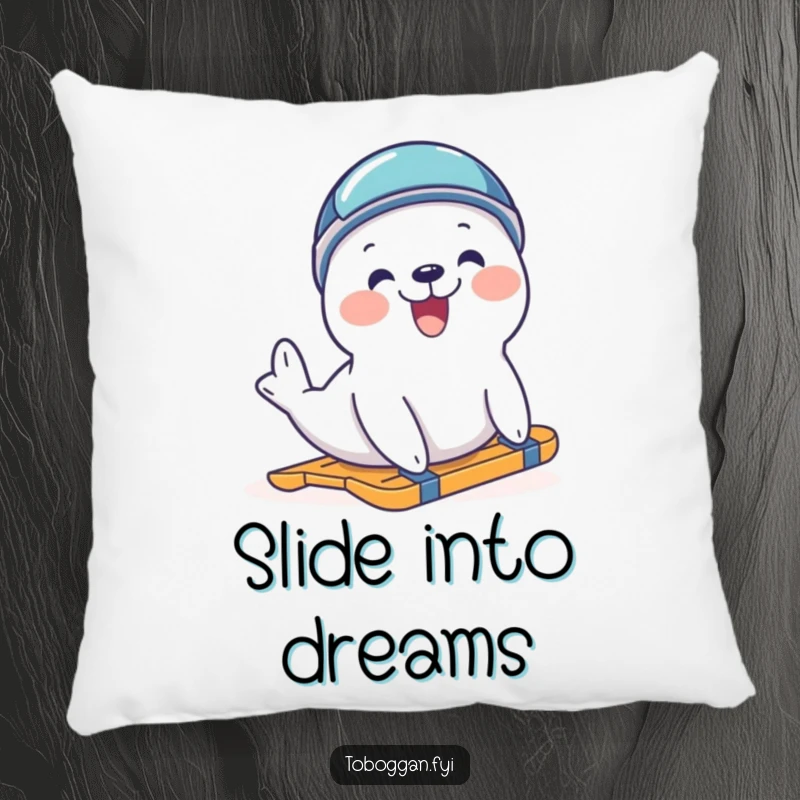 Funny delighted seal in a helmet trying to slide on a plush pillow, perfect for humorous and cozy home accents.