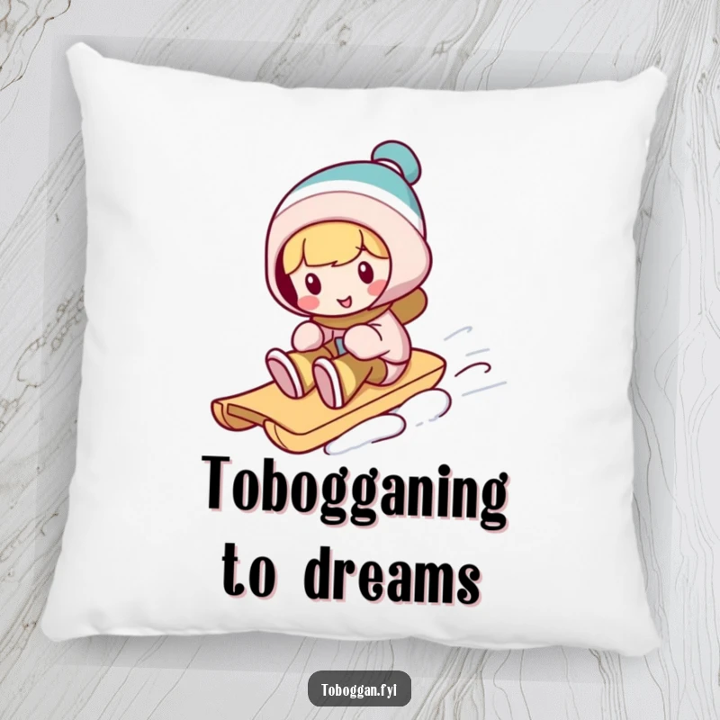 Funny toboggan pillow, a character performs a silly trick on a sled, offering plush comfort and playful winter charm.