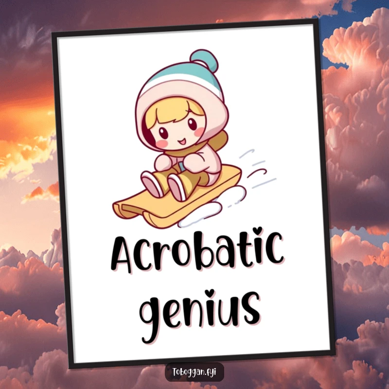 Funny toboggan digital art print, a character performs a silly trick on a sled, offering instant playful winter decor.