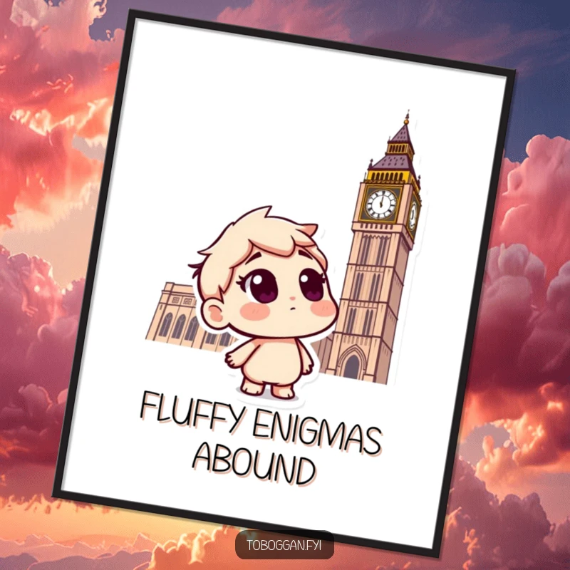 Funny digital art print: a curious character on a toboggan, looking inquisitively at falling snowflakes, capturing winter's magic.