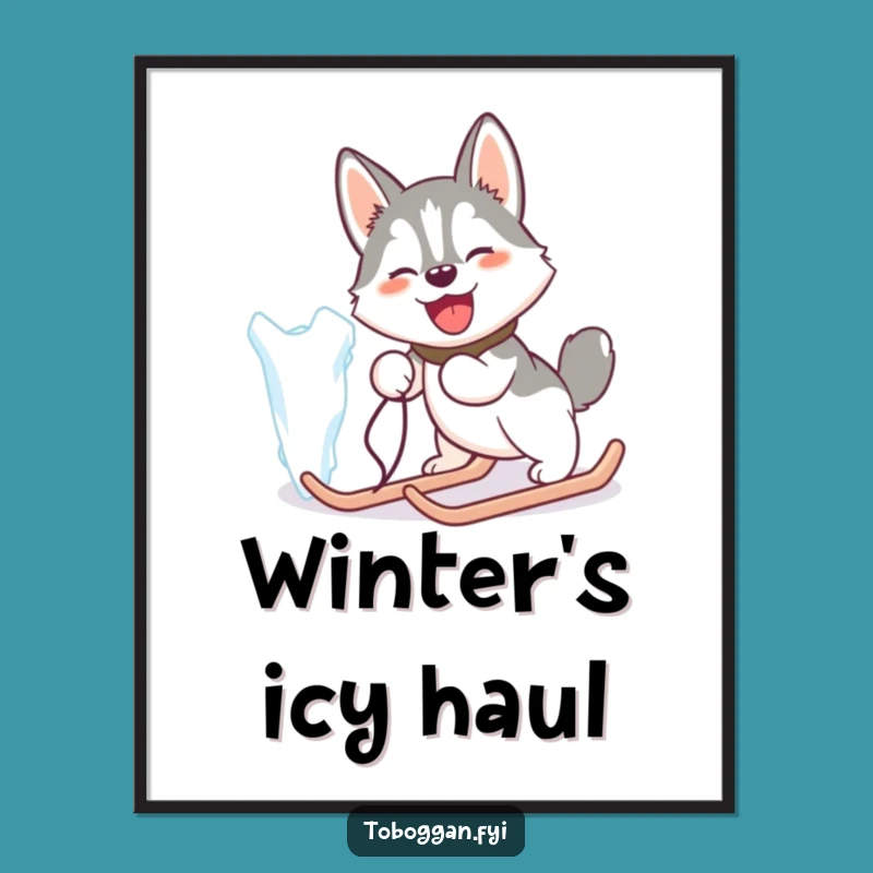 Funny Husky Ice Pull Digital Print: Hilarious Winter Dog Art