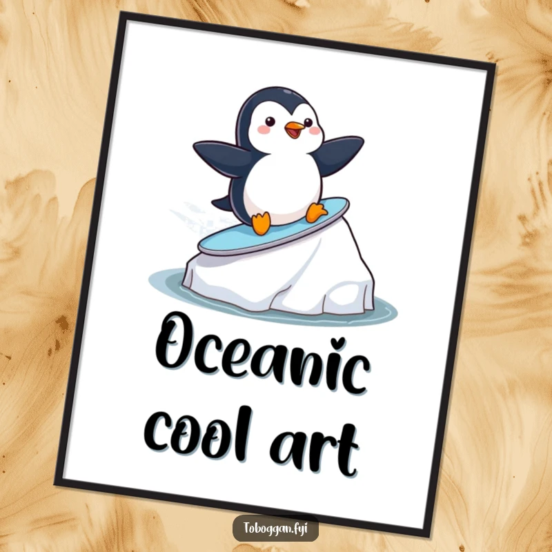Funny playful penguin surfing on an iceberg on a digital art print, perfect for instant download and sharing playful humor.