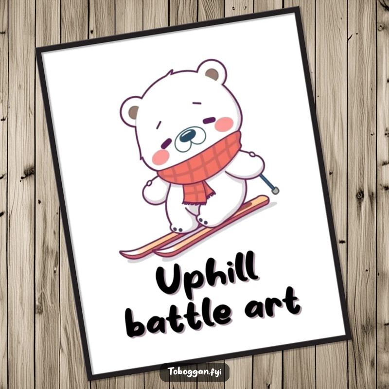 Funny confused polar bear wearing a scarf, trying to ski uphill on a digital art print, perfect for instant humorous decor.