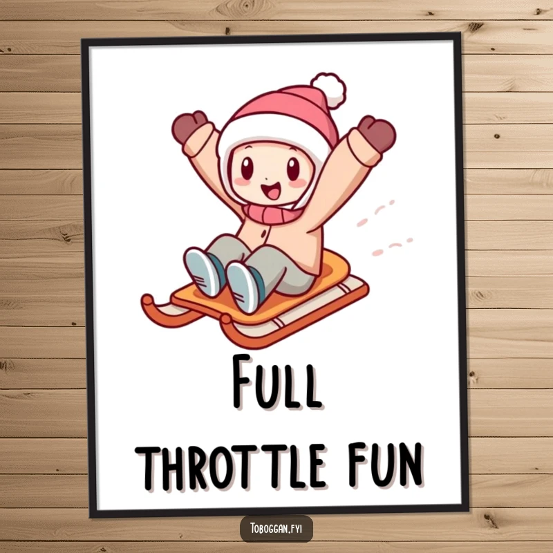Funny character sledding downhill with arms triumphantly raised, a high-resolution digital art print for instant winter decor.