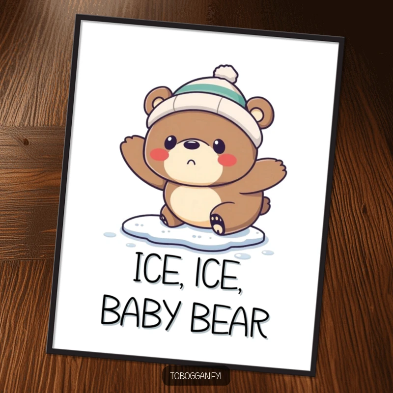 Funny Digital Art Print: A startled bear wearing a tiny toque comically slips on ice, showcasing relatable winter humor.
