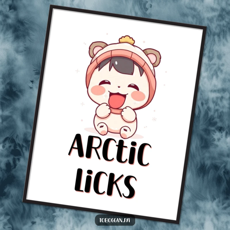 Funny digital art of a character joyfully catching snowflakes on its tongue, ready to be printed and framed.