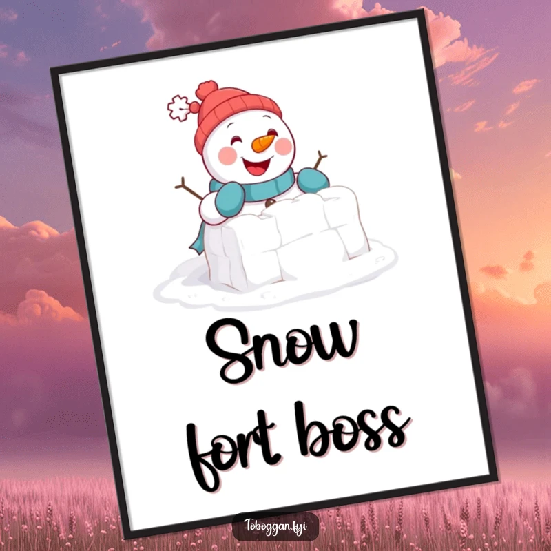 Funny Digital Art Print: A cheerful snowman comically attempts to build a tiny snowball fort, showcasing playful winter humor.