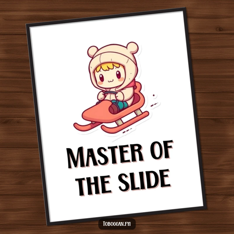 Funny digital art print of a character comically steering a toboggan with exaggerated motions, embodying adventurous winter fun.