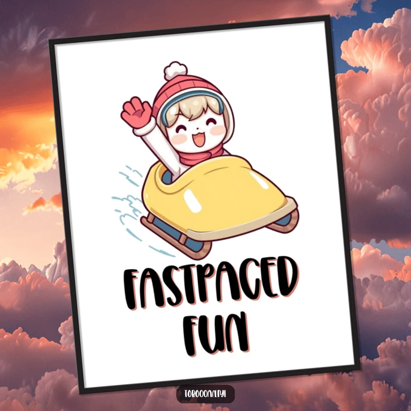 Funny digital art print of a character waving enthusiastically from a speeding toboggan, capturing pure winter joy.