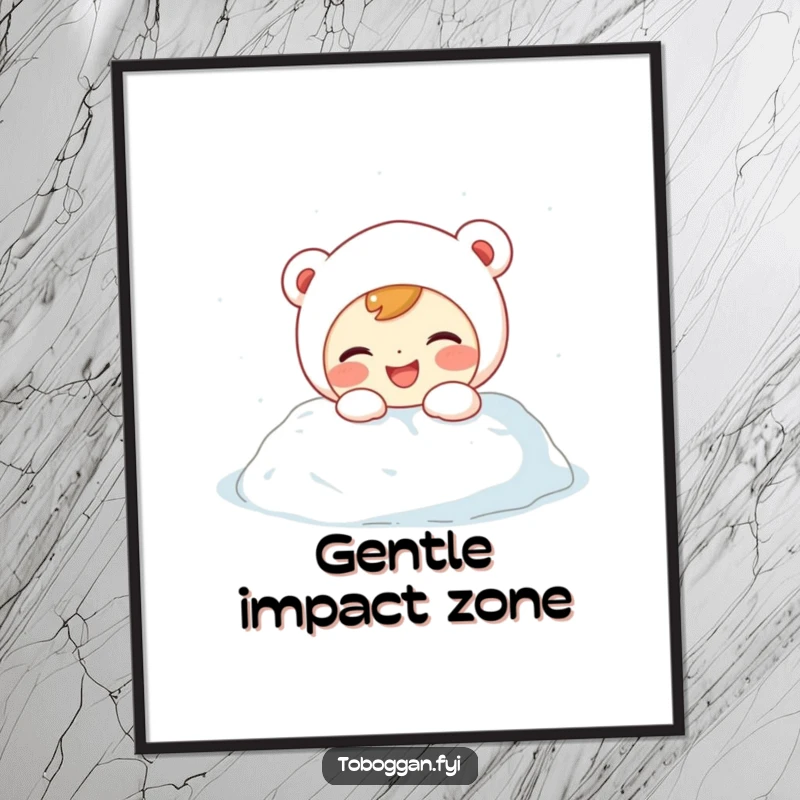 Funny Digital Art Print: A giggling character with rosy cheeks playfully lands in a soft snowdrift, capturing winter's innocent joy.