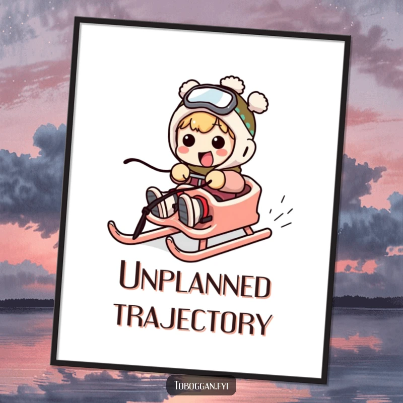 Funny digital art print of a character in exaggerated motion, comically failing to steer a sled.