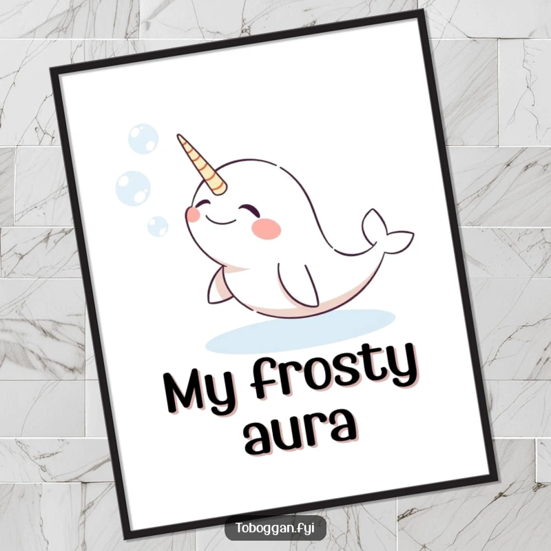 Funny narwhal digital art print of a giggling character comically blowing snow bubbles, for instant whimsical decoration.