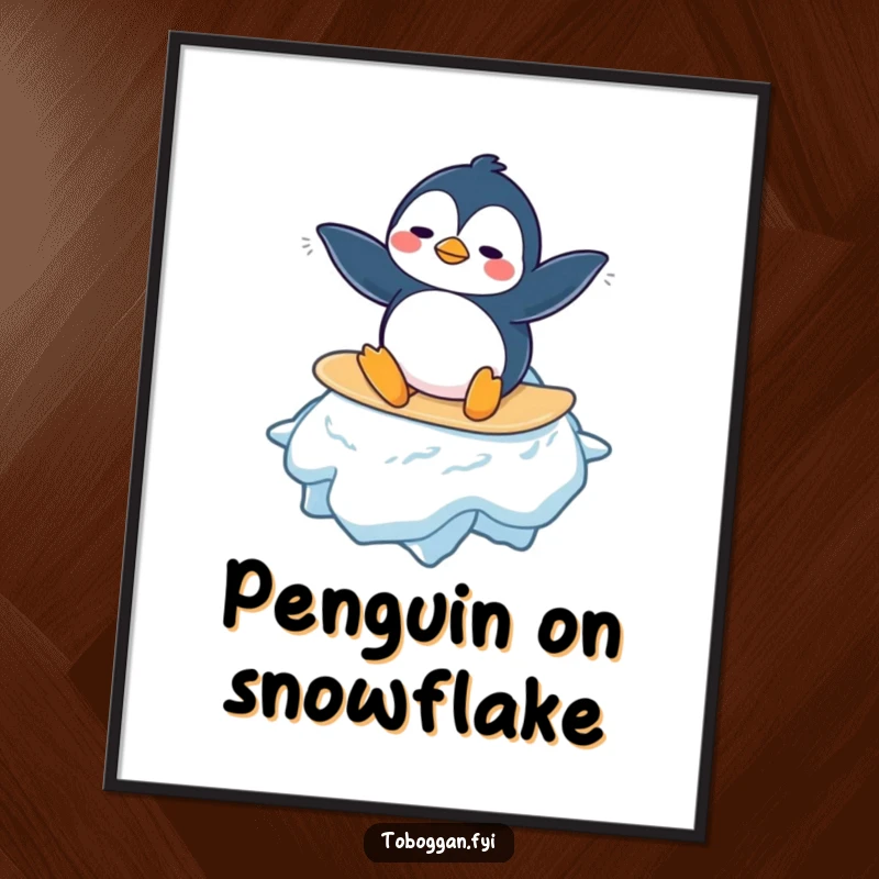 Funny Penguin Digital Art Print: A confused penguin character attempts to surf a giant snowflake, creating a vibrant and humorous arctic scene.