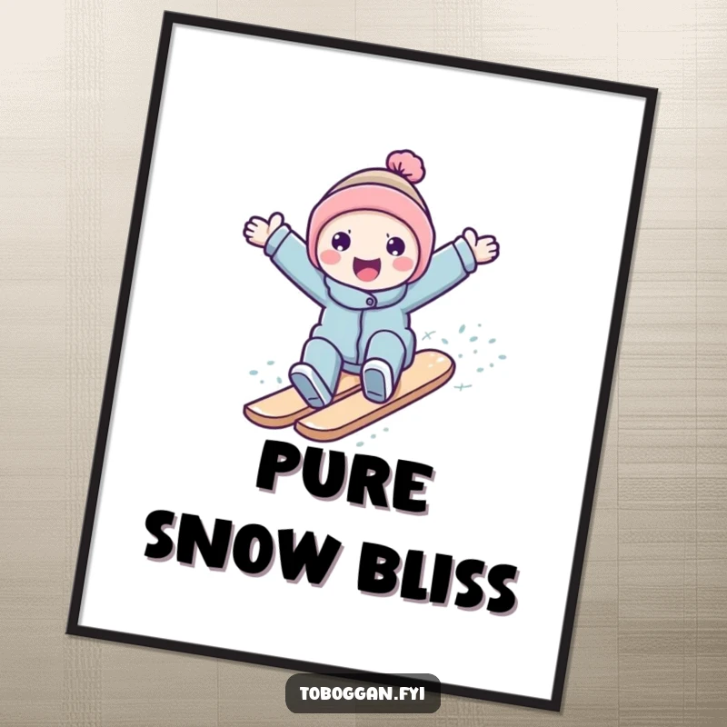 Funny character surfing down a snowy slope, captured as digital art for cheerful and dynamic wall decor.