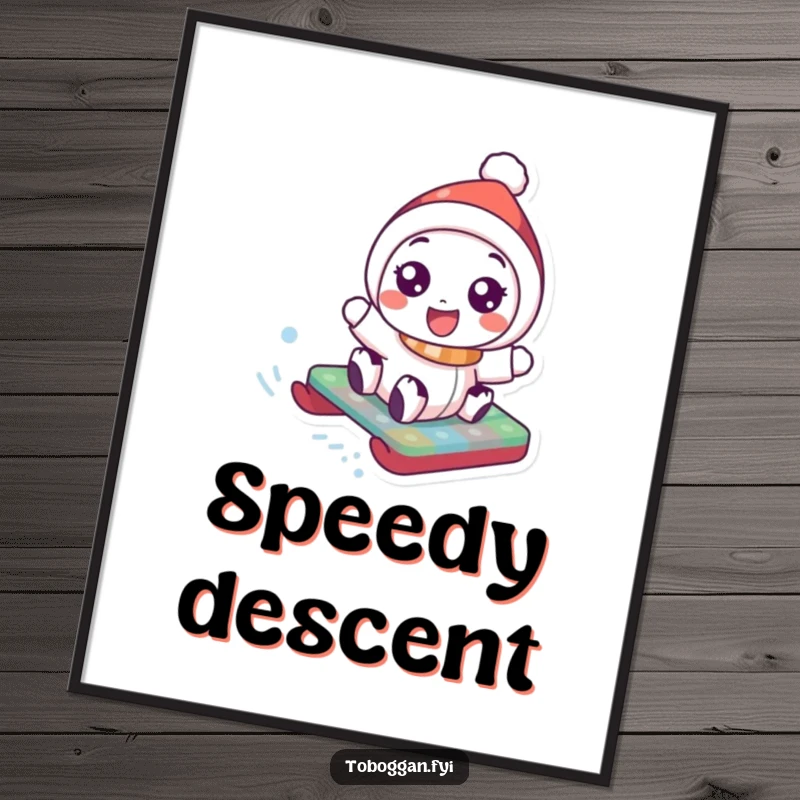 Funny Digital Art Print: A character with beaming eyes enjoys a speedy toboggan ride, capturing the essence of winter fun.