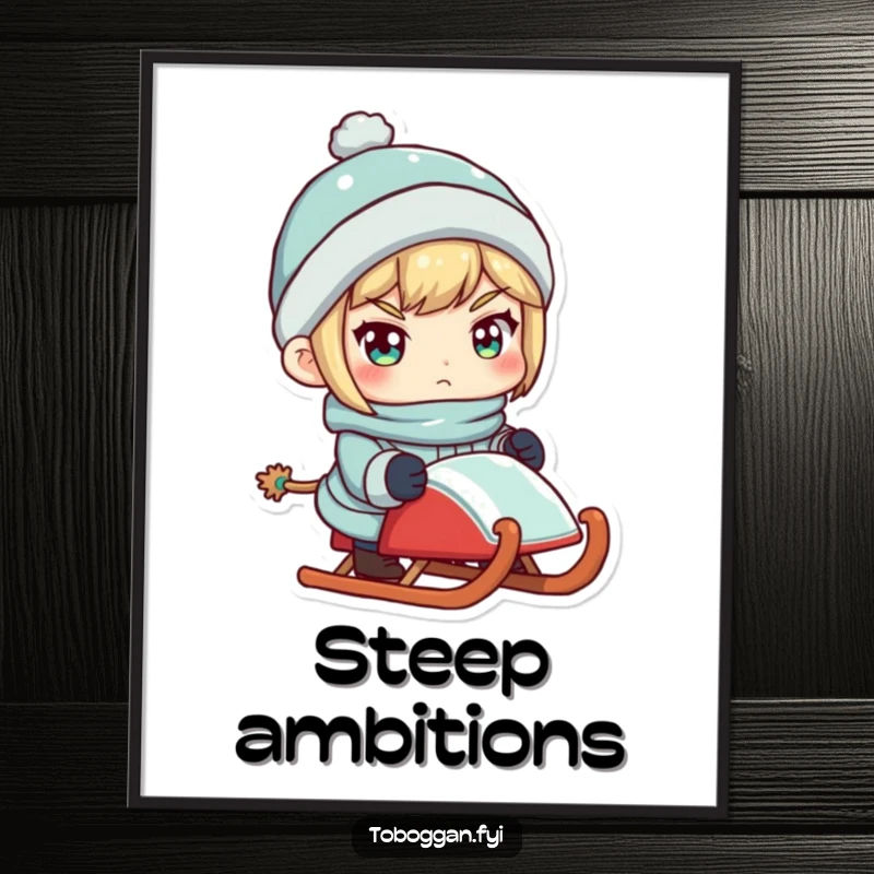 Funny digital art of a determined character holding a sled, ready for winter adventures, printable.