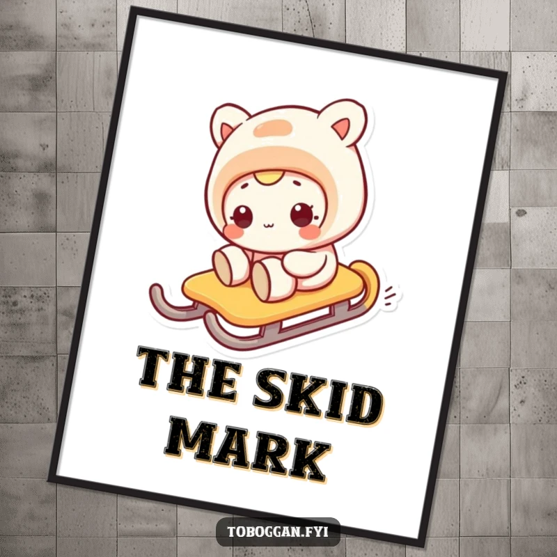 Funny digital art of a character's comical face on a sled sliding sideways, printable wall decor for humor.