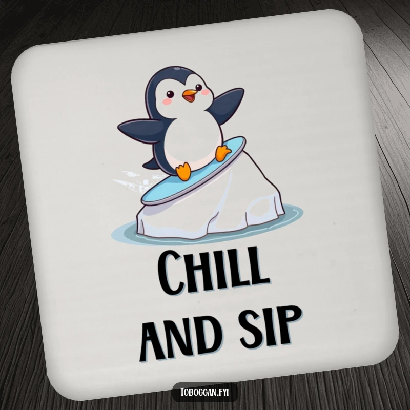 Funny playful penguin surfing on an iceberg on a drink coaster, a cute and humorous accessory for tables.