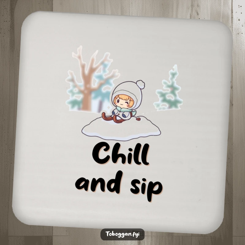 Funny snow sled coaster, a character pops out from a snowy pile, protecting surfaces with playful winter flair.