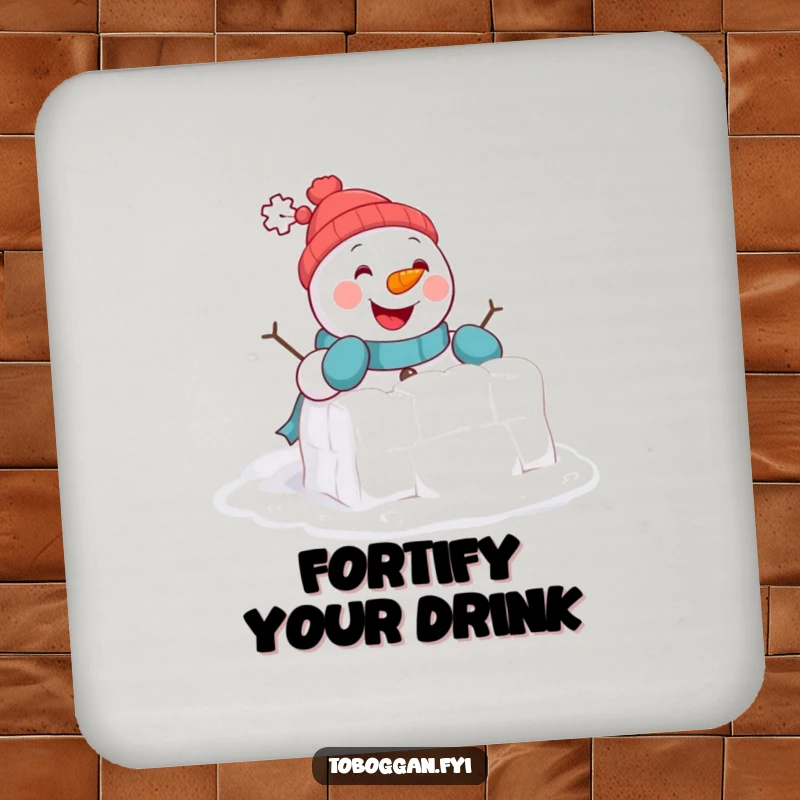 Funny Coasters: A cheerful snowman comically attempts to build a tiny snowball fort, adding a humorous winter touch.