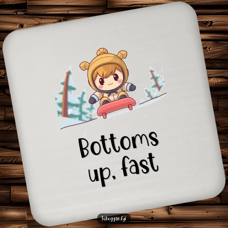 Funny character racing down a toboggan run with determined focus on protective drink coasters.