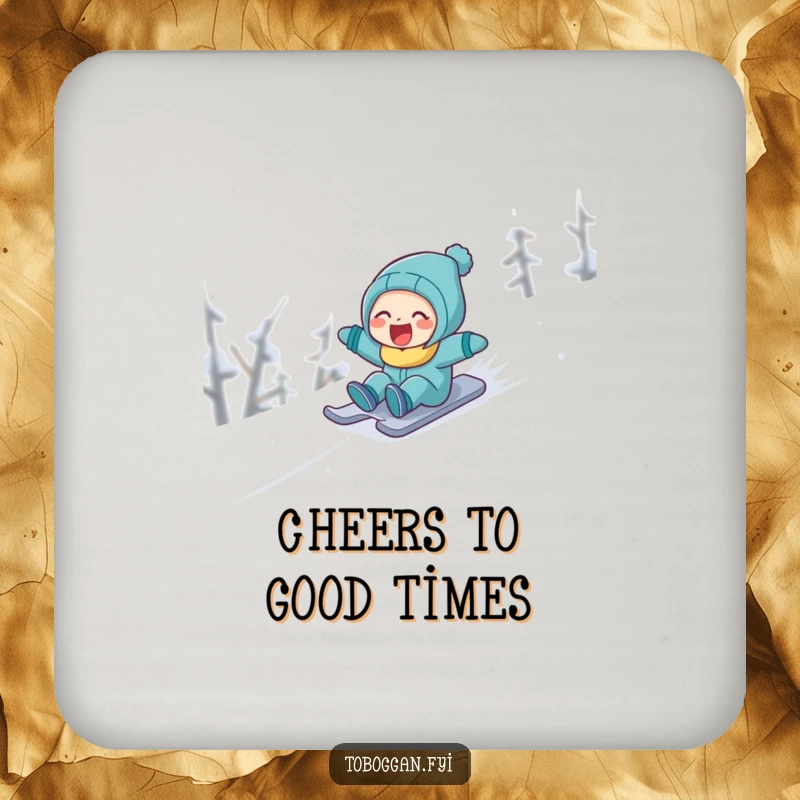 Funny character laughing while sledding down a snowy slope, a humorous and protective drink coaster for any table.