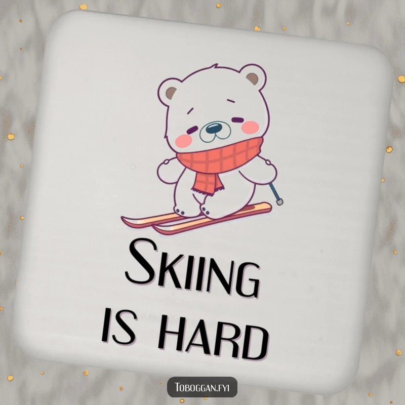 Funny confused polar bear in a scarf attempting to ski uphill on a drink coaster, a humorous accessory for winter enthusiasts.