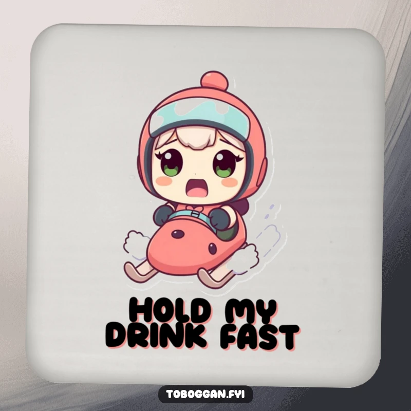 Funny drink coaster showing a character's surprised face on a fast sled, a humorous accessory for tables.