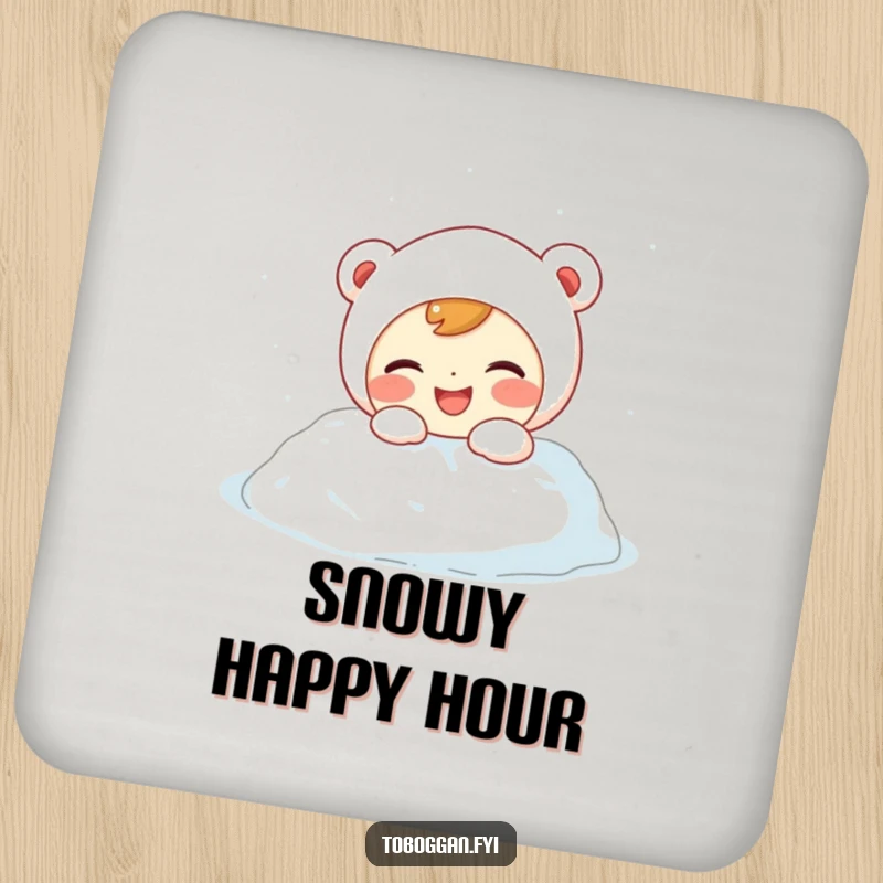 Funny Drink Coaster: Giggling character with rosy cheeks playfully bumps into a snowdrift, adding humor to drink protection.
