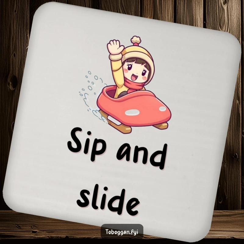 Funny Coaster: Character sliding on a toboggan, adding a humorous detail to your drink setup.