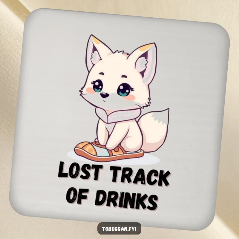Funny curious arctic fox in a snowshoe looking lost on a drink coaster, a cute and humorous accessory for tables.