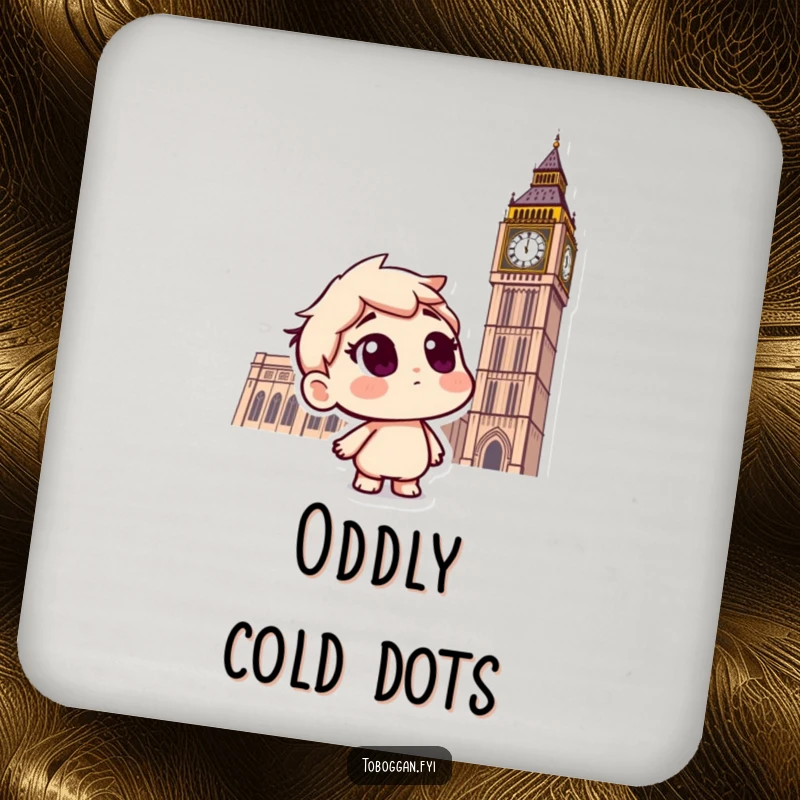 Funny drink coaster with a curious character on a toboggan, questioning falling snowflakes, adding winter humor to any table.