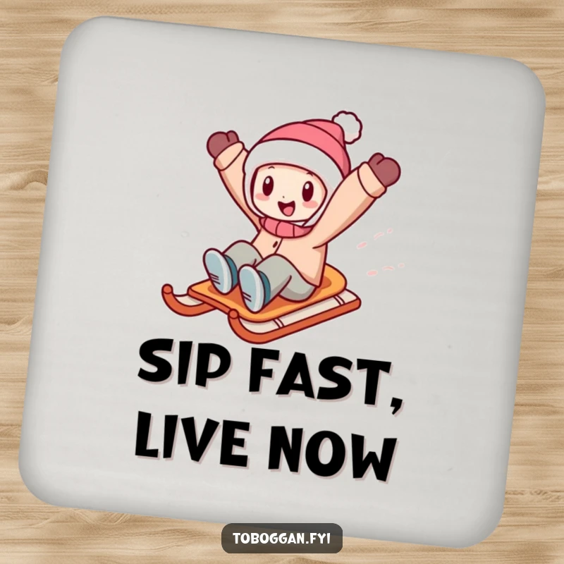 Funny character sledding with arms raised high, a humorous and protective drink coaster for any surface.