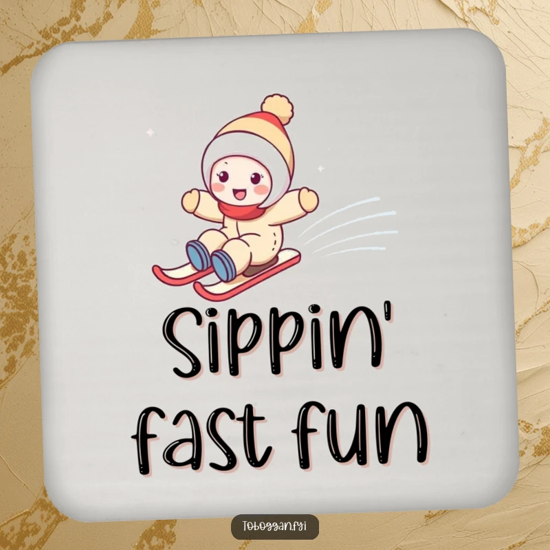 Funny drink coaster with a cute character joyfully zooming down a snowy hill, adding humor to your drink setup.