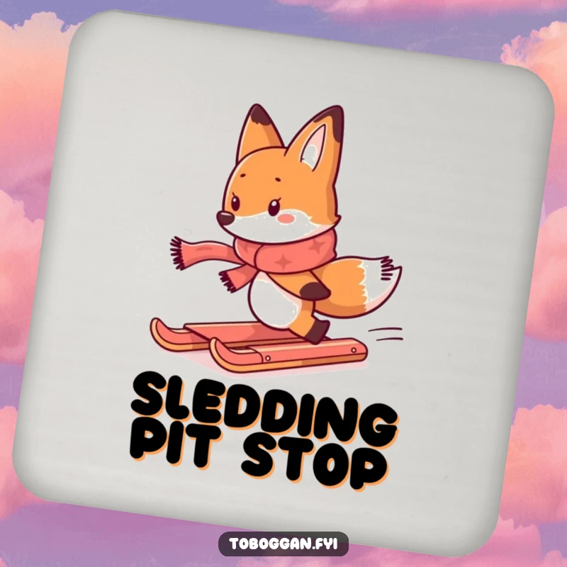 Funny coaster with a determined fox in a scarf, comically chasing a runaway toboggan, for humorous table protection.