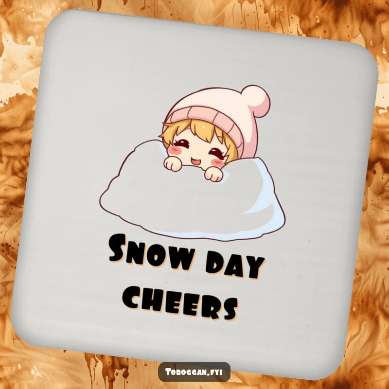 Funny drink coasters featuring a character peeking with a giggle from a snowdrift, adding playful humor.