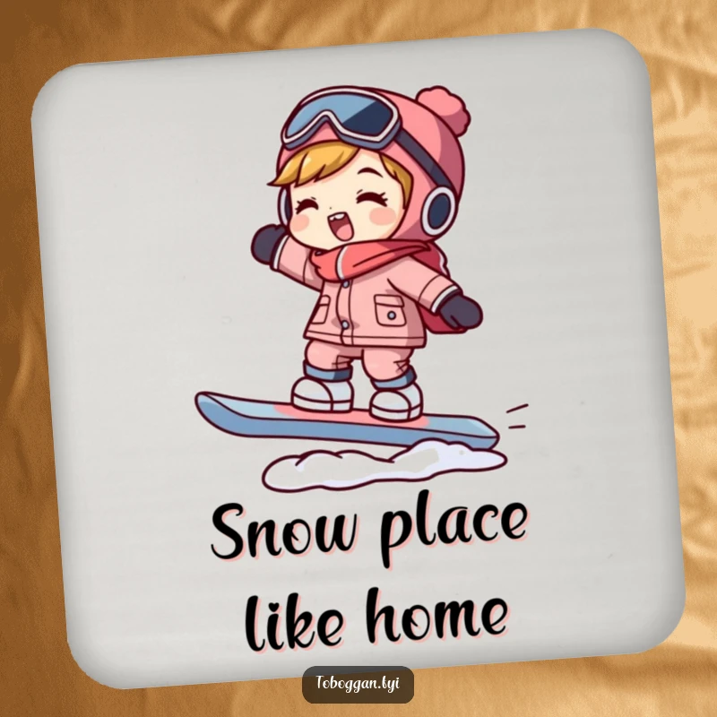 Funny snowboarder coaster showing a character in a balancing pose on a snowboard, protecting surfaces with a humorous touch.