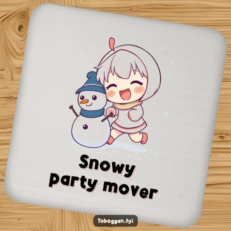 Funny drink coaster with an enthusiastic character pushing a small snowman, perfect for winter-themed tables.