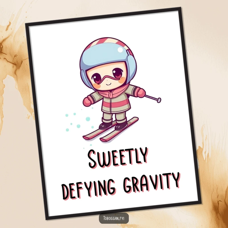 Funny candy cane poster depicting a determined character comically skiing uphill, celebrating effort and winter.