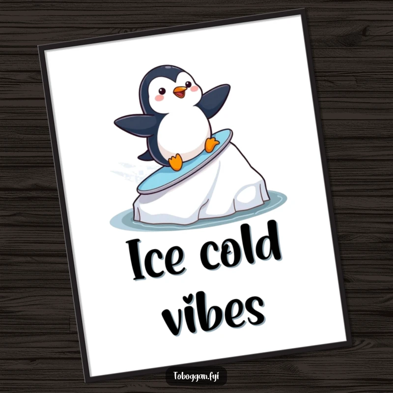 Funny playful penguin surfing on an iceberg on a poster, perfect for adding cute and humorous coastal-themed art.