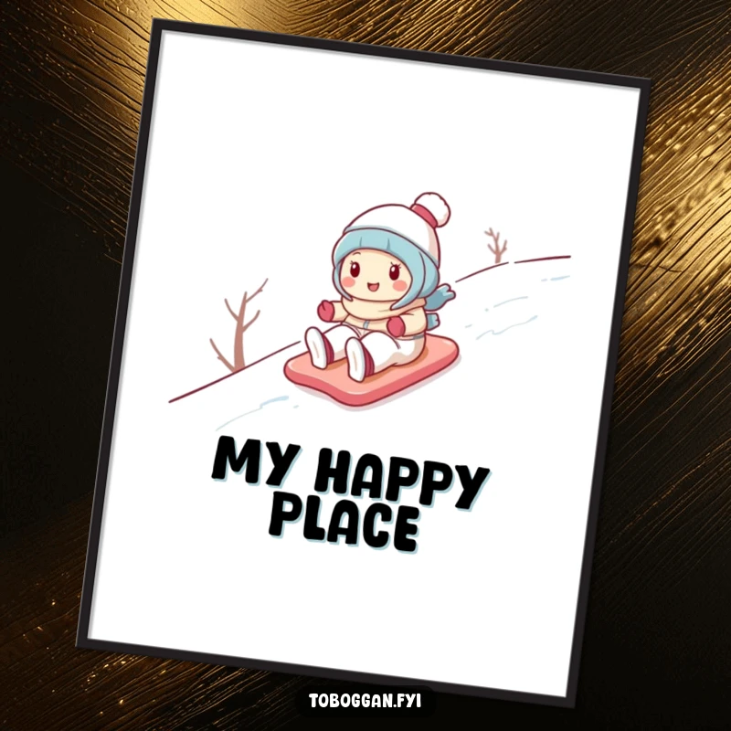 Funny poster showcasing a cute cartoon character gleefully sliding down a snowy hill, a vibrant depiction of winter's playful side.