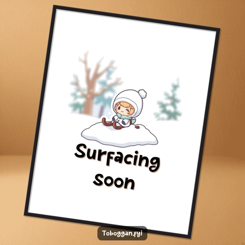 Funny winter poster, a character pops out from a snowy sled, bringing playful and whimsical winter art to walls.