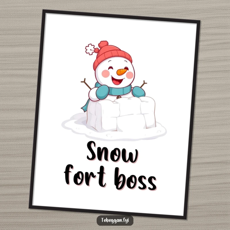 Funny Poster: A cheerful snowman comically attempts to build a tiny snowball fort, creating a delightful winter scene.