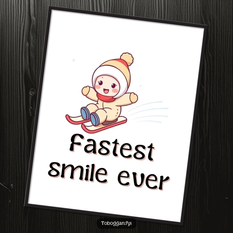 Funny poster of a cute character joyfully zooming down a snowy hill, capturing the exhilarating spirit of winter fun.