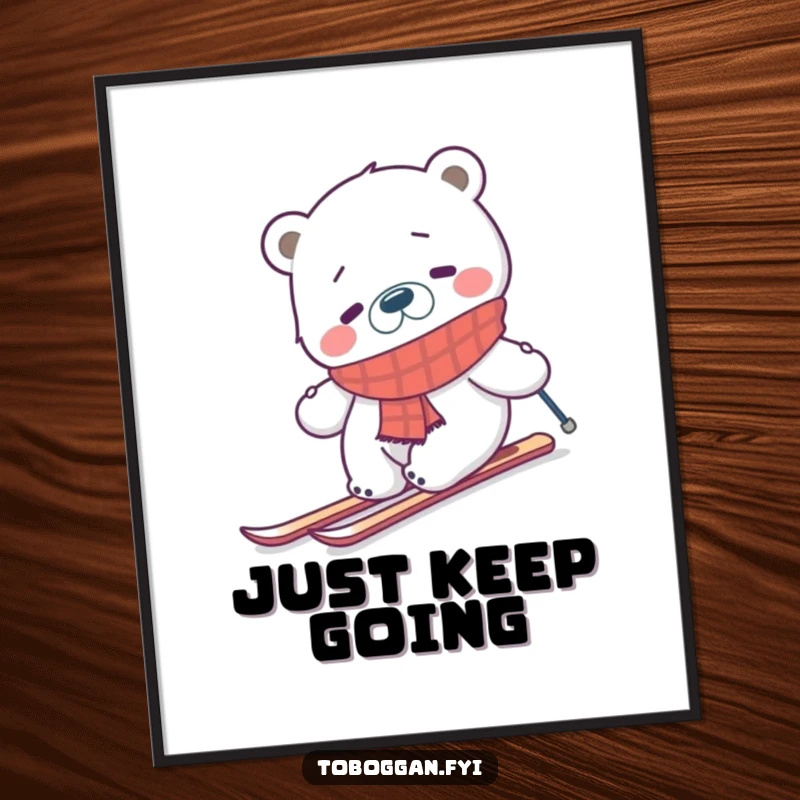 Funny confused polar bear wearing a scarf, hilariously trying to ski uphill on a poster, perfect for whimsical winter decor.